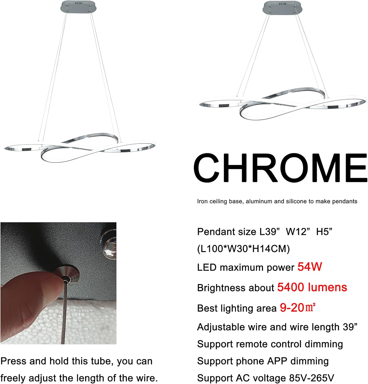 Modern LED Chandelier with Alexa Voice Control Chrome Design 39 Inch