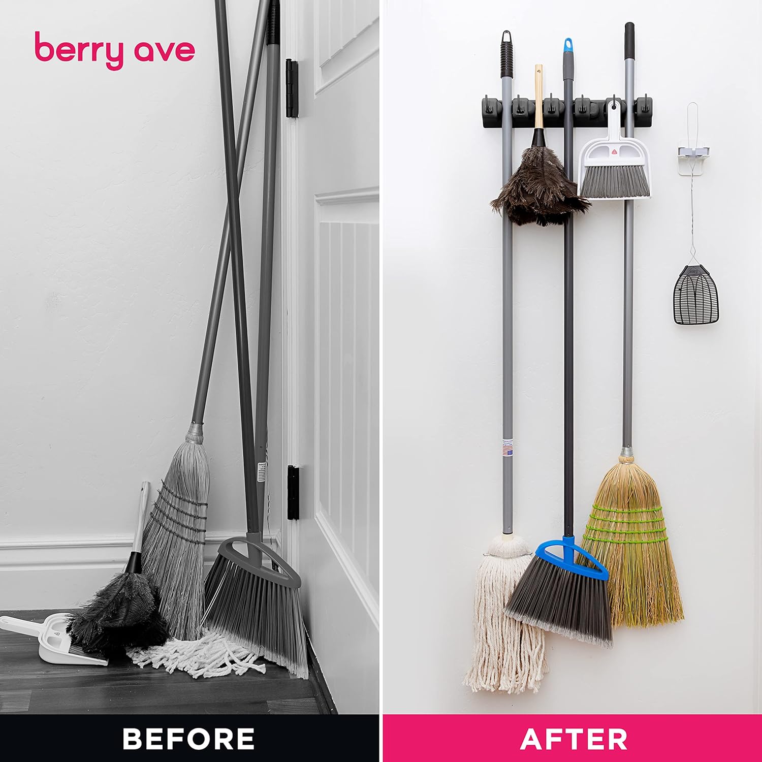 Berry Ave Broom Holder Wall Mount Organizer - 5 Slots 6 Hooks Black