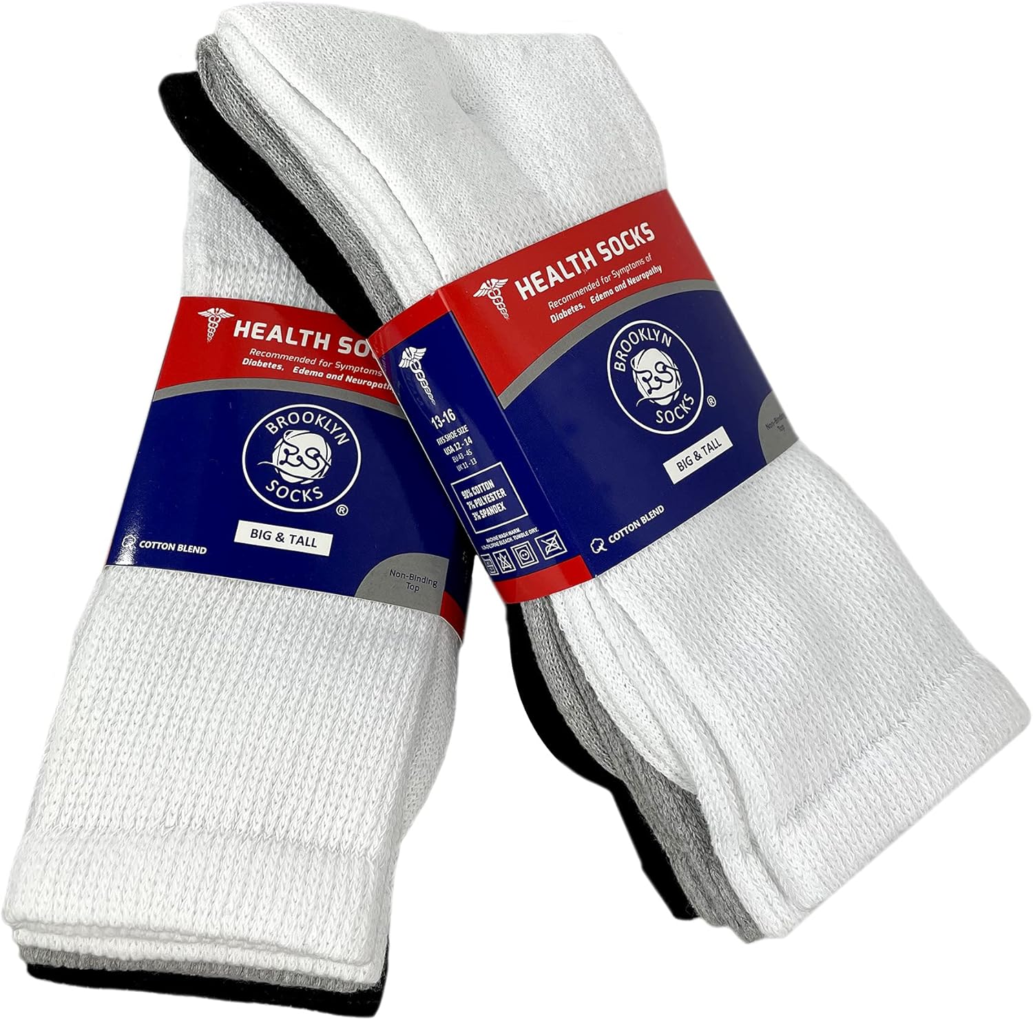 Big and Tall Mens Diabetic Socks - 6 Pairs Black Gray White