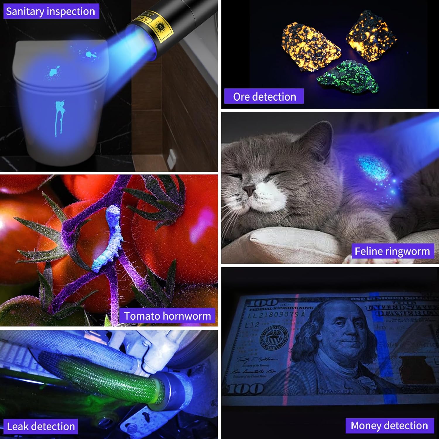 UV Flashlight 365nm Black Light for Pet Urine Detection USB Rechargeable