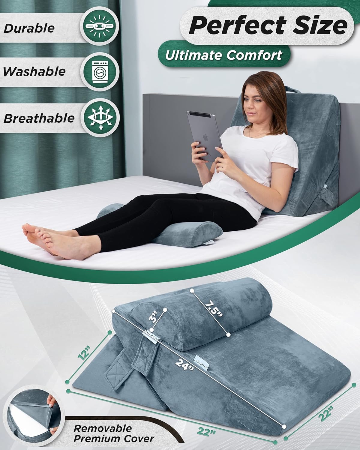 Lunix 3pcs Orthopedic Bed Wedge Pillow Set with Hot Cold Pack
