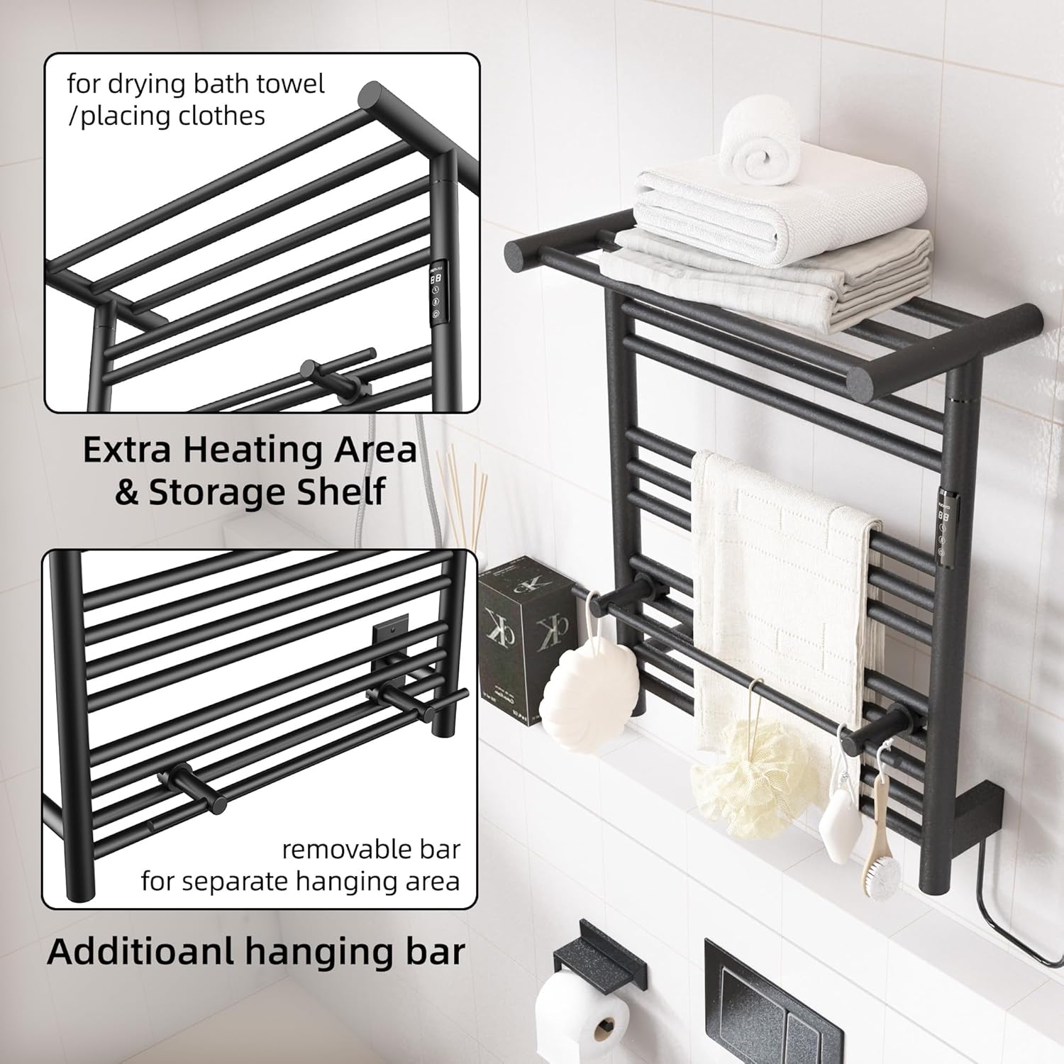 PBhusri Electric Towel Warmer with Storage Shelf Matte Black