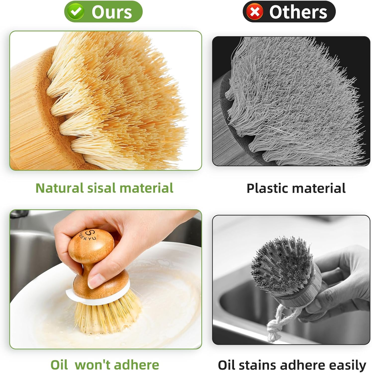SUBEKYU Bamboo Dish Brush with Built-in Scraper