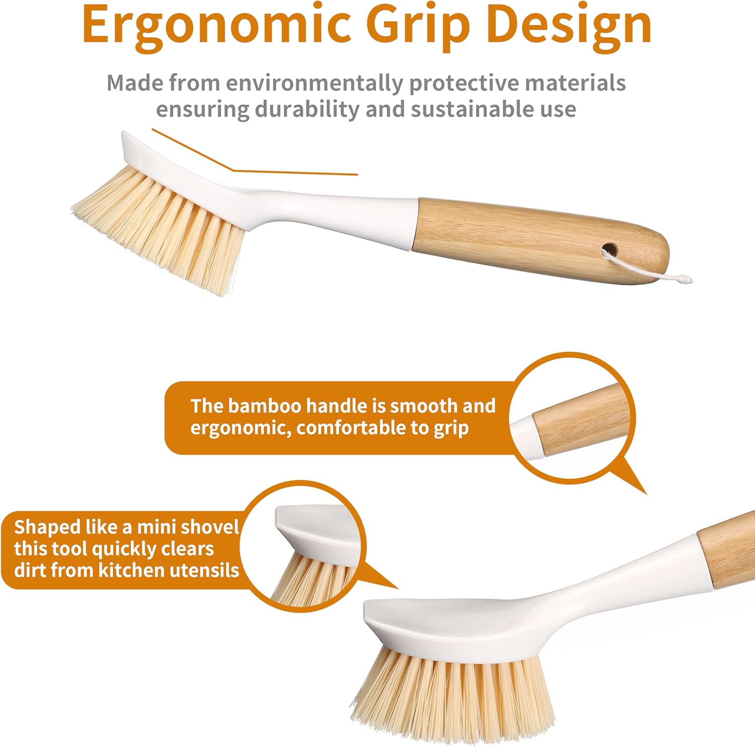 2 Pack Bamboo Handle Dish Brush with Scraper