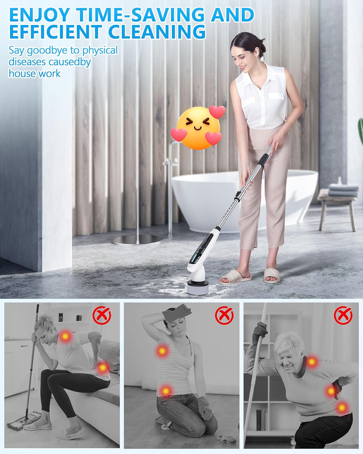 VTT Electric Bathroom Scrubber with 8 Brush Heads and Detachable Handle