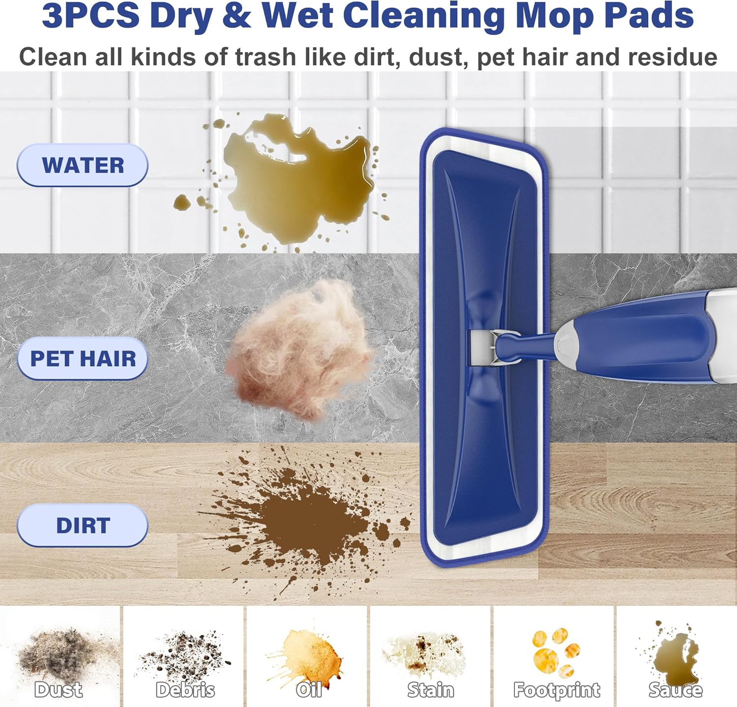 ILAVCLEAN Microfiber Spray Mop - 3 Washable Pads for Wet Dry Cleaning
