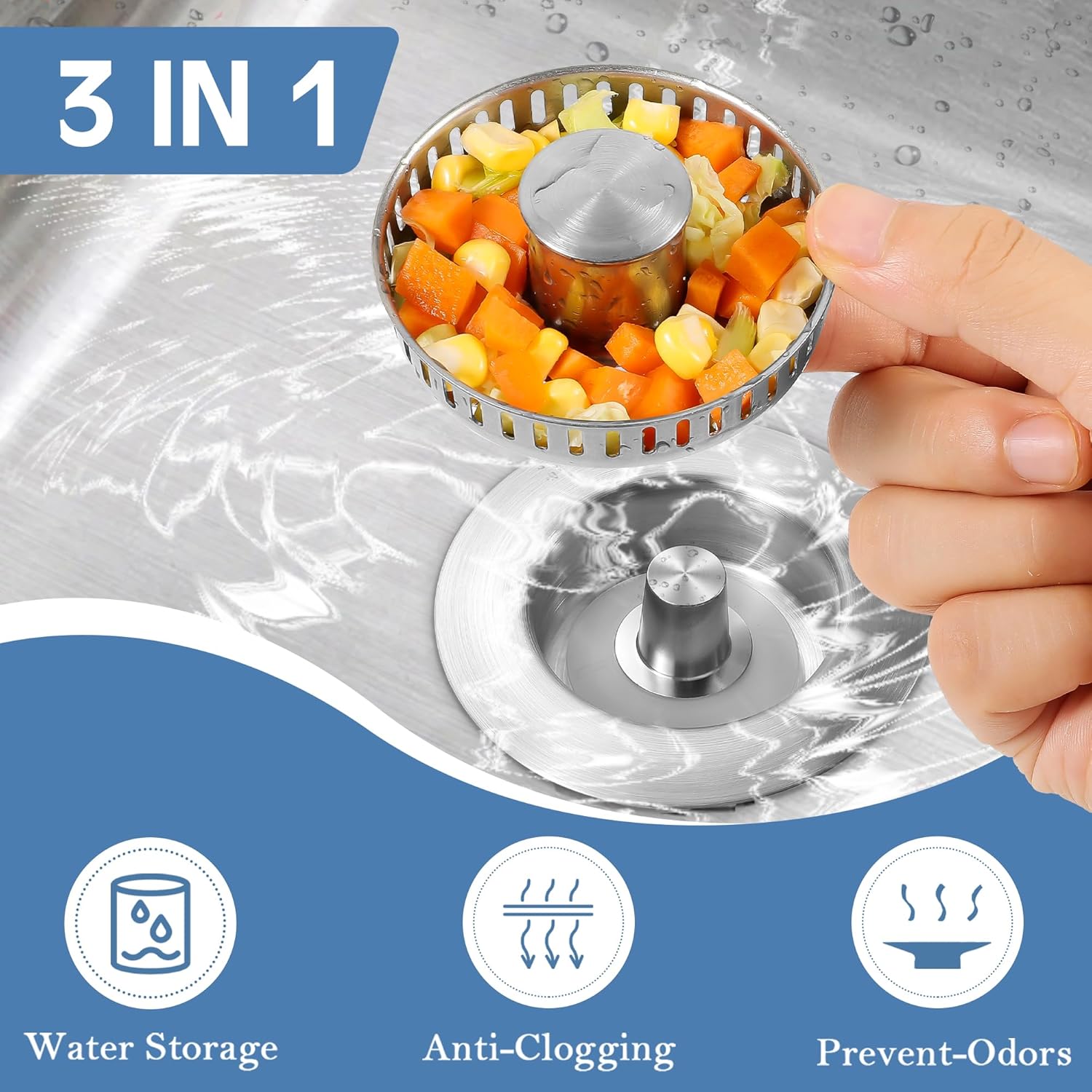 3 in 1 Kitchen Sink Drain Strainer with Pop Up Stopper