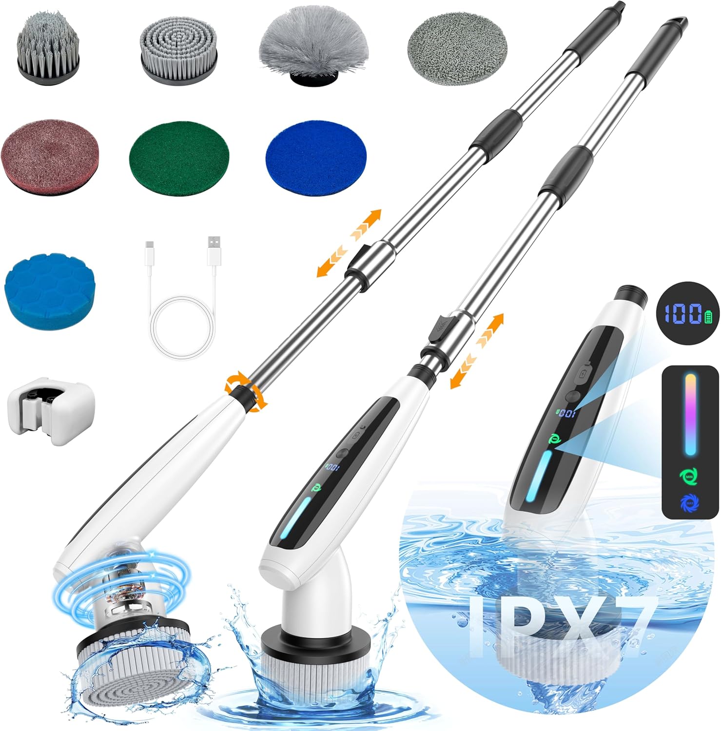 VTT Electric Bathroom Scrubber with 8 Brush Heads and Detachable Handle