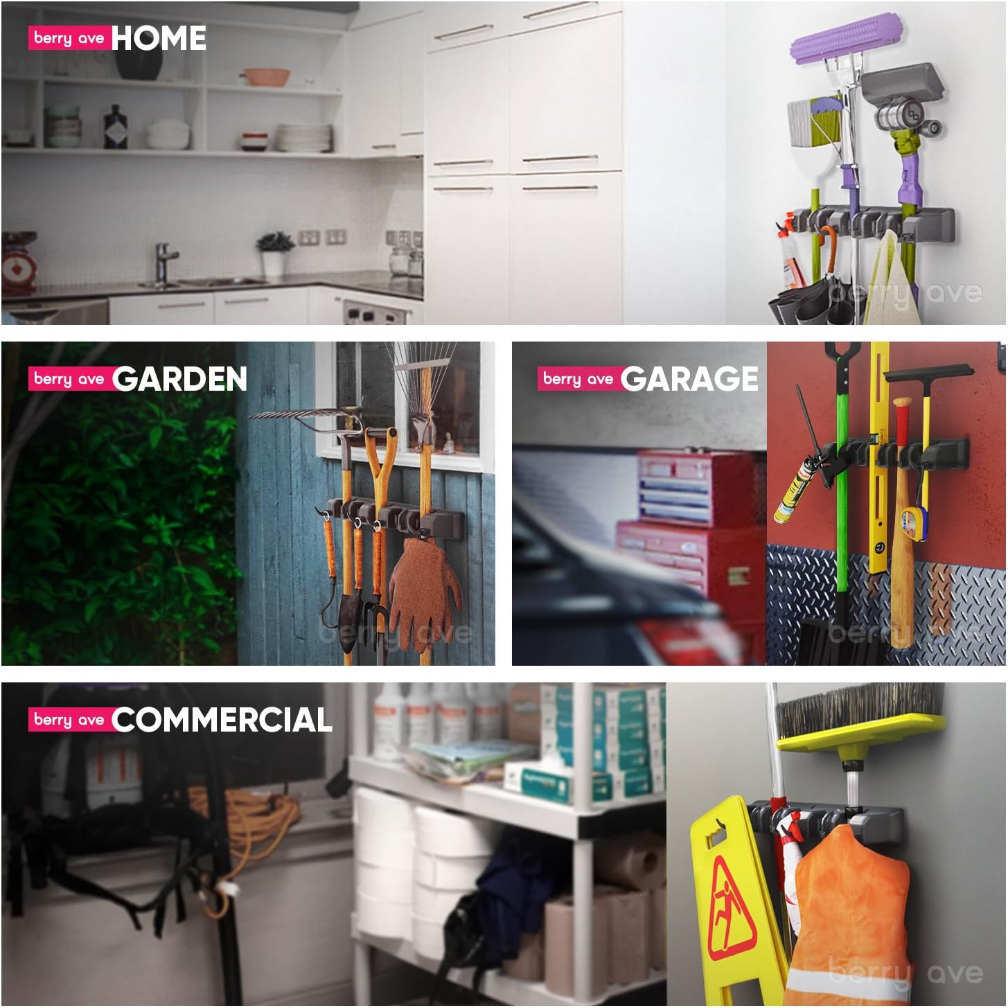 Berry Ave Broom Holder Wall Mount Organizer - 5 Slots 6 Hooks Black