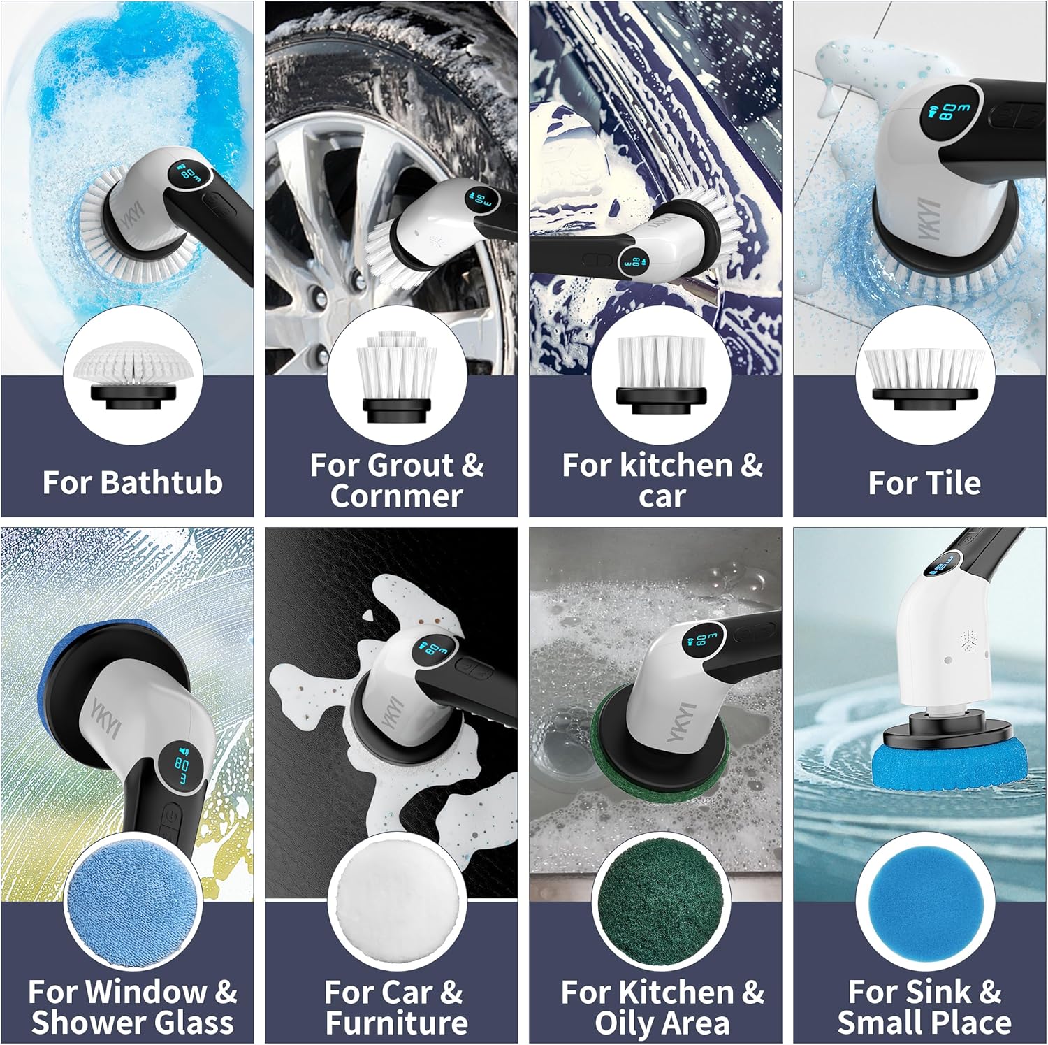 YKYI Electric Spin Scrubber with 8 Brush Heads and 3 Speeds